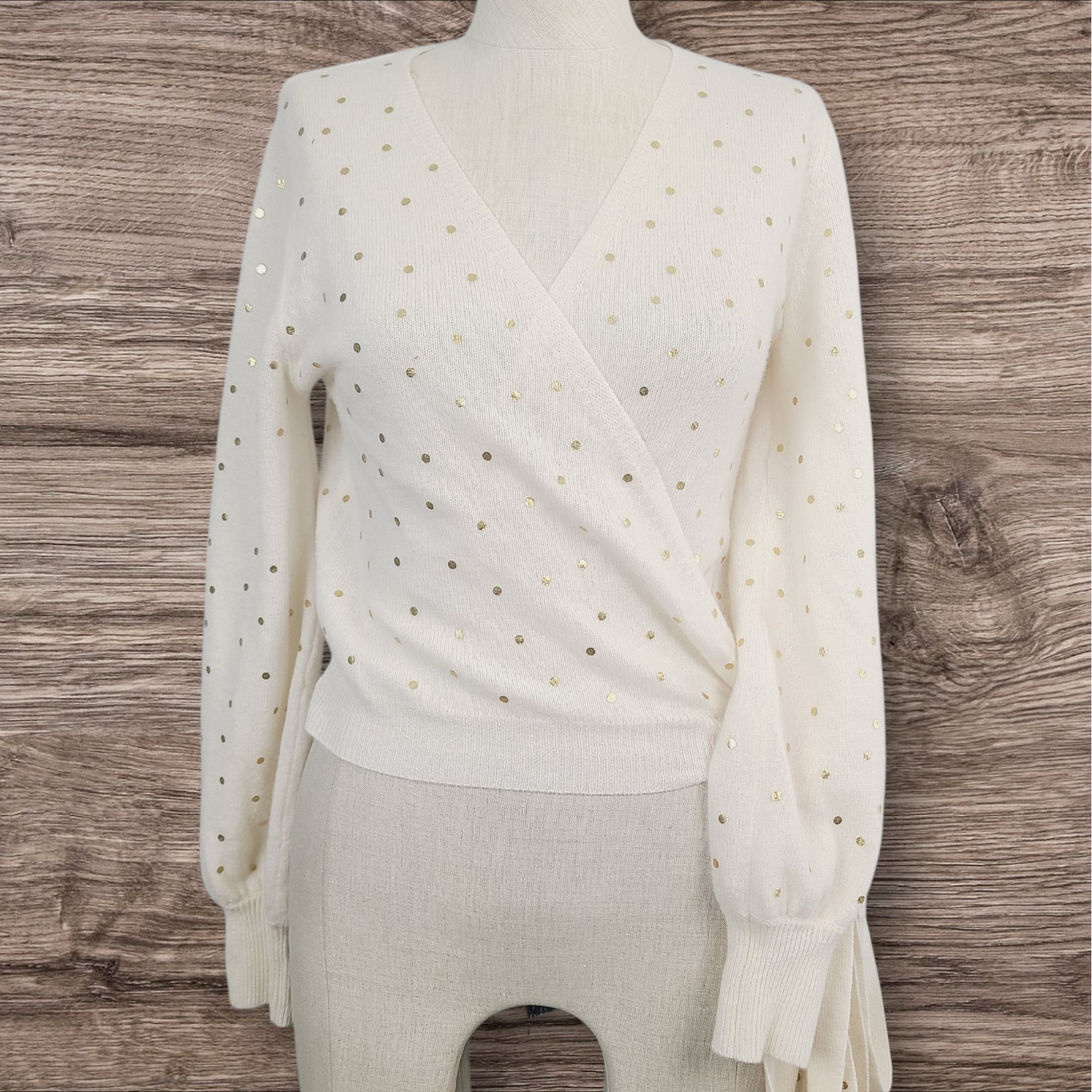 New Brodie Cashmere Wrap Sweater S Cream Gold Polka Dot Side Tie Lightweight